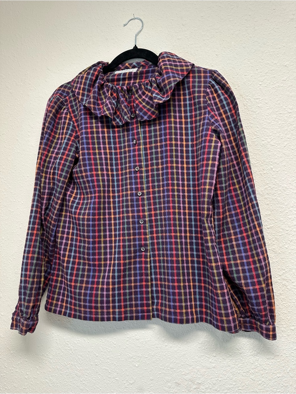 Vintage Ruffle Collar Button-Down Shirt - Purple with Multicolor Plaid